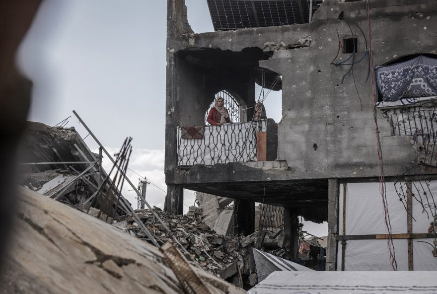 Displaced Palestinians living amongst destroyed buildings in the Jabaliya refugee camp in northern Gaza, on Thursday, Feb. 13, 2025. Hamas said it would free hostages on Saturday as scheduled, backing down from a threatened indefinite delay that had cast doubt on the durability of the initial six-week Gaza ceasefire.