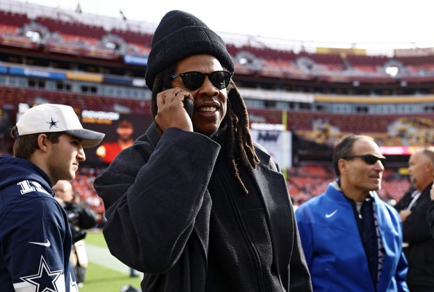 LANDOVER, MARYLAND - NOVEMBER 24: Rapper Jay-Z is seen prior to a game between the Dallas Cowboys and the Washington Commanders at Northwest Stadium on November 24, 2024 in Landover, Maryland.   Timothy Nwachukwu/Getty Images/AFP (Photo by Timothy Nwachukwu / GETTY IMAGES NORTH AMERICA / Getty Images via AFP)