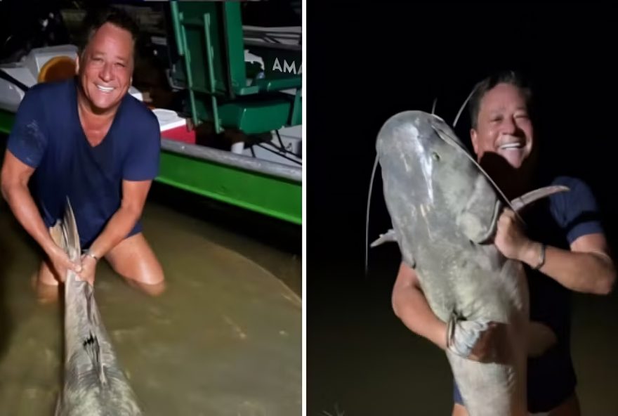 Leonardo exibe orgulhosamente seu grande peixe Jaú após uma emocionante pesca esportiva no Rio Teles Pires