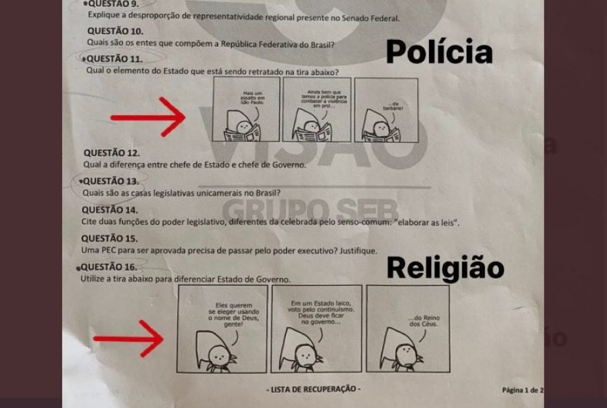 Perguntas sobre polícia, Estado e governo teriam incomodado um tio que ajudava a sobrinha a responder o exercício. (Foto: Reprodução/Twitter)