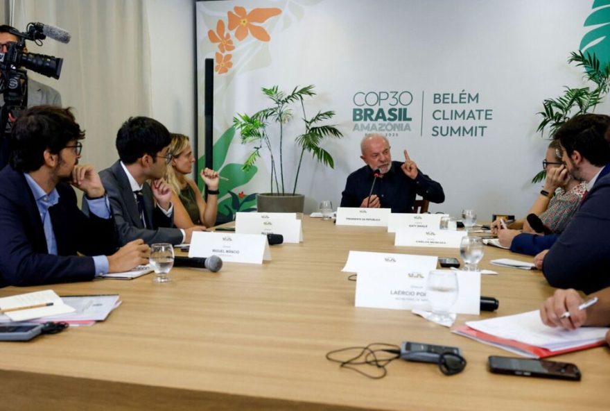 Brazilian President Lula da Silva is interviewed ahead of COP30 in Belem epa12502946 Brazilian President Luiz Inacio Lula da Silva (C) speaks during an interview with journalists from international news agencies ahead of the COP30 Climate Summit, at the Belem Naval Base, Brazil, 04 November 2025. Lula da Silva expressed his confidence that US President Trump will eventually realize that 'there is no alternative' to the energy transition. The COP30 takes place from 10 to 21 November 2025. EPA/Sebastiao Moreira