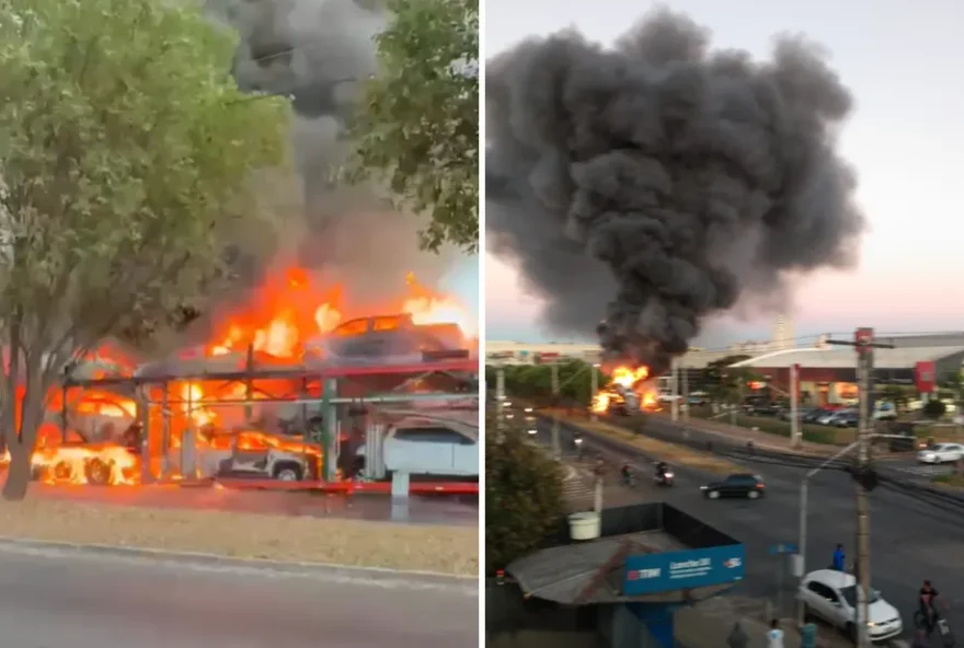 Caminhão-cegonha pega fogo em frente a uma concessionária de Aparecida de Goiânia