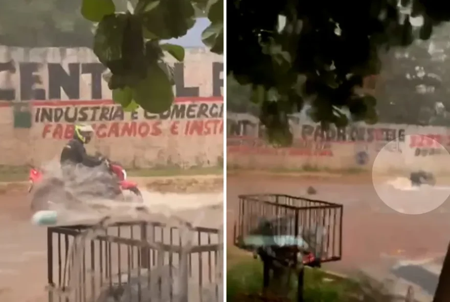 Imagem mostra momento que motociclista foi arrastado por enxurrada. (Reprodução/ TV Anhanguera)