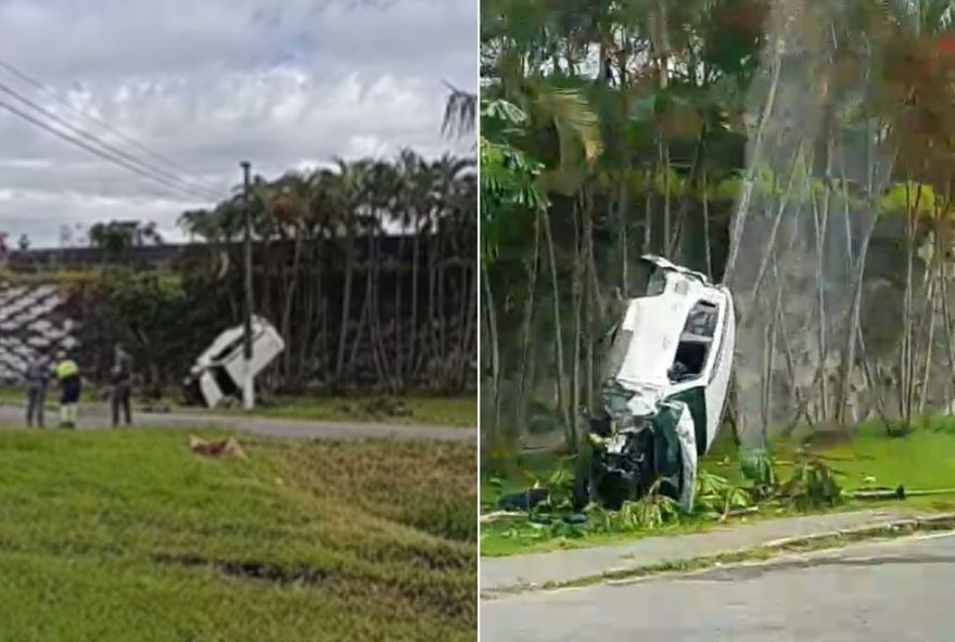 motorista-e-ejetado-apos-carro-cair-de-viaduto-em-acidente-em-rodovia-no-litoral-de-sp motorista-e-ejetado-apos-carro-cair-de-viaduto-em-acidente-em-rodovia-no-litoral-de-sp