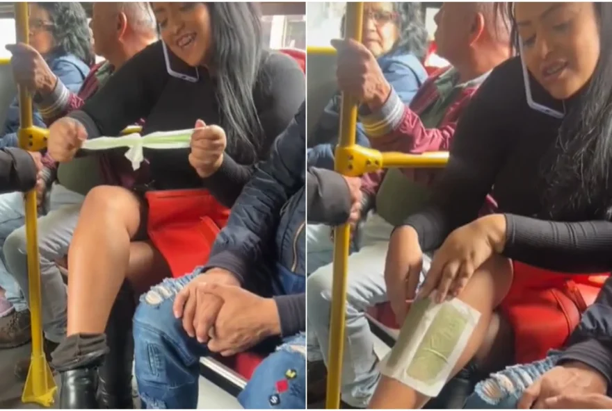 Mulher é flagrada se depilando com cera em ônibus na Colômbia. (Foto: Reprodução/Vídeo)