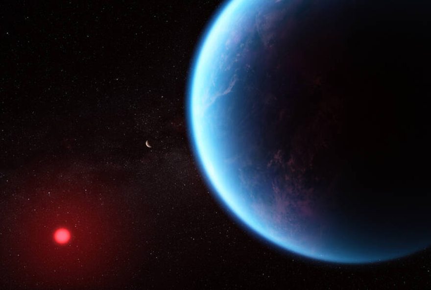 Concepção artística do exoplaneta K2-18, um exoplaneta 8,6 vezes mais massivo que a Terra, orbita a estrela anã fria K2-18 na zona habitável e fica a 120 anos-luz da Terra (Foto: Imagem/Nasa)