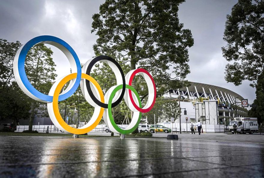 Photo shows a monument depicting the Olympic rings in front of the National Stadium in Tokyo, the main venue for the Tokyo Olympics and Paralympics, on July 22, 2020. The 2020 Tokyo Games have been postponed for a year due to the coronavirus pandemic. (Photo by Kyodo News via Getty Images)