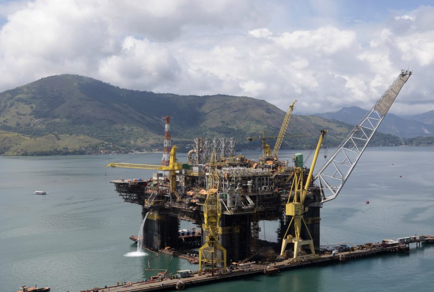 Aerial view of the final stage of the construction of a new P-56 semi-submersible production platform for the oil company Petrobas at the Brasfels shipyard in Angra dos Reis