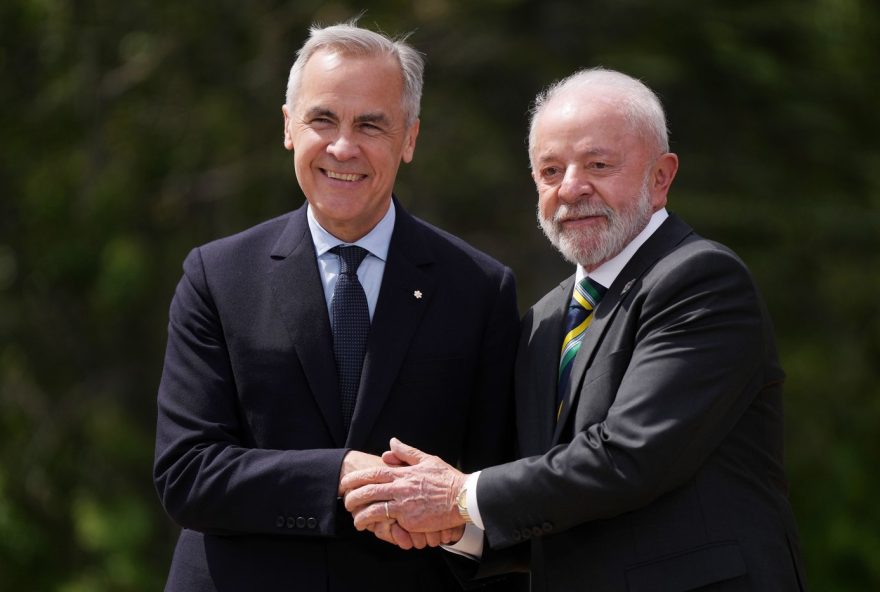Carney-Brazil Prime Minister Mark Carney welcomes Brazilian President Luiz Inacio Lula da Silva to the G7 Summit in Kananaskis, Alta., on Tuesday, June 17, 2025. THE CANADIAN PRESS/Darryl Dyck