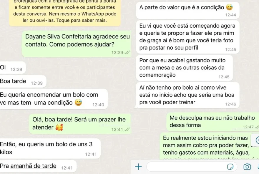 Cliente gera revolta na web após pedir que confeiteira fizesse bolo de graça e ainda chamá-la de ‘mão de vaca’ (Foto: Arquivo pessoal/Dayane Silva)