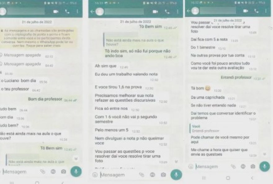 Prints de conversa entre professor e aluna serviu de prova no processo (Foto: Reprodução/Relatório PAD UEPG)