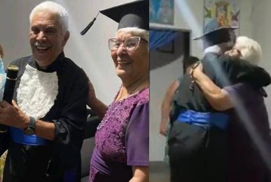 Formado, idoso de 78 anos vai de beca comemorar a conquista com a mãe, de 98. (Reprodução/Redes Sociais)