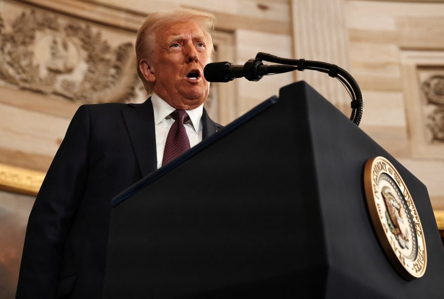 WASHINGTON, DC - JANUARY 20: U.S. President Donald Trump speaks during inauguration ceremonies in the Rotunda of the U.S. Capitol on January 20, 2025 in Washington, DC. Donald Trump takes office for his second term as the 47th president of the United States.     Chip Somodevilla/Pool via REUTERS