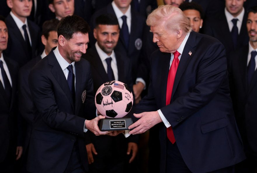 U.S. President Donald Trump honors reigning MLS champion Inter Miami CF players and team officials in Washington U.S. President Donald Trump is gifted a jewelled soccer ball with his signature on it from Inter Miami CF captain Lionel Messi, on the day he honors reigning Major League Soccer (MLS) champion Inter Miami CF players and team officials with an event in the East Room of the White House in Washington, D.C., U.S., March 5, 2026. REUTERS/Jonathan Ernst TPX IMAGES OF THE DAY