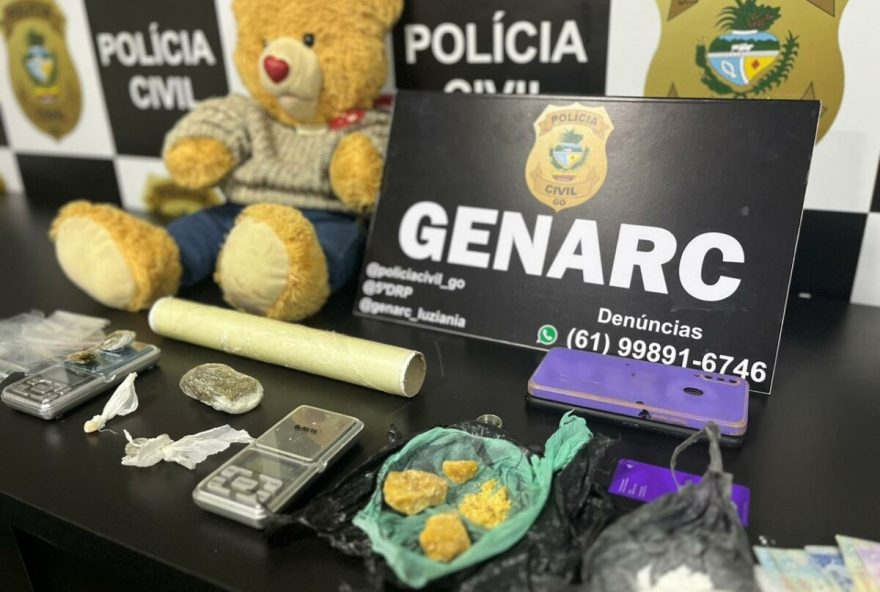 Urso de pelúcia utilizado para esconder drogas durante operação policial em Luziânia (Foto: Divulgação/PCGO)