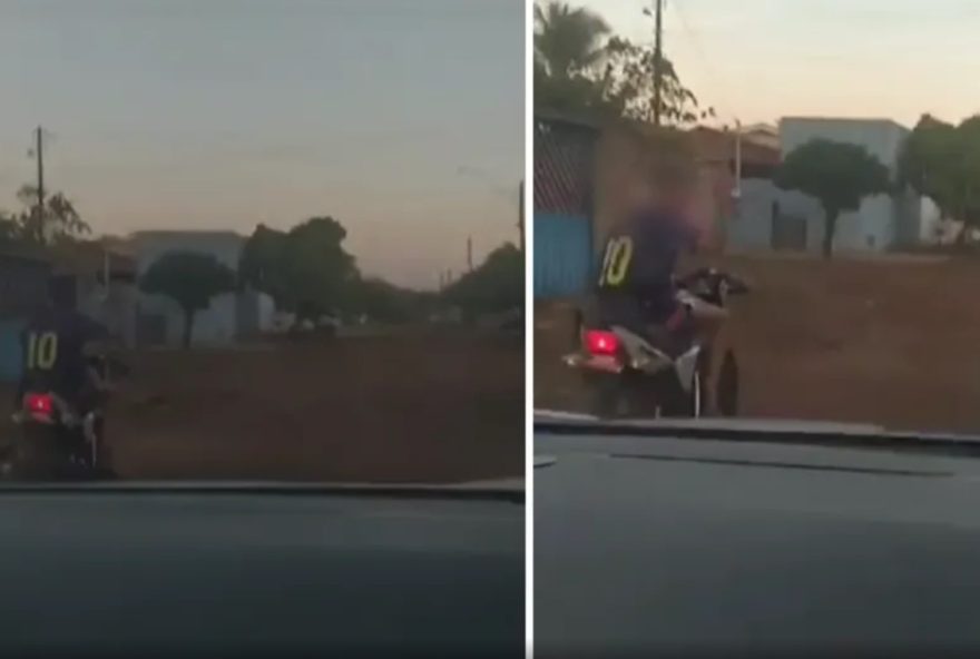 Imagens mostram o garoto pilotando a moto sem capacete e com a placa ocultada . (Divulgação/PMGO)